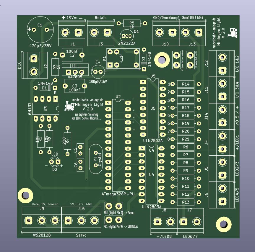 Unbestückte Platine Miningen Light - große Platine zur Steuerung von Relais, LEDs, Druckknöpfe und WS2812B LEDs. Der Decoder kann per DCC gesteuert werden.